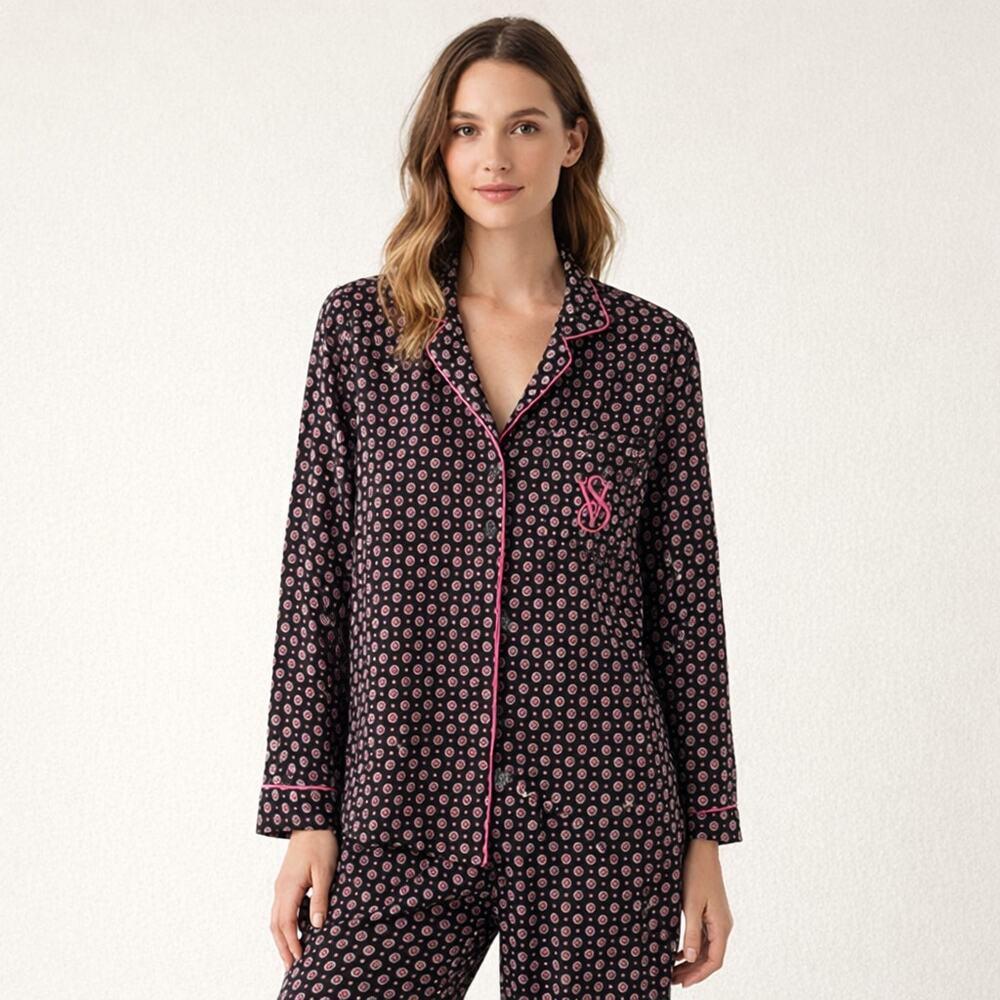 Victoria's Secret Pajama Top Black Pink Geometric Size Small